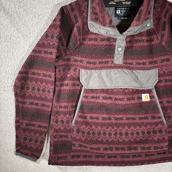Carhartt Relaxed Fit Fleece Quarter-Snap Pullover Sz M Burgundy & Black Aztec - Picture 5 of 13